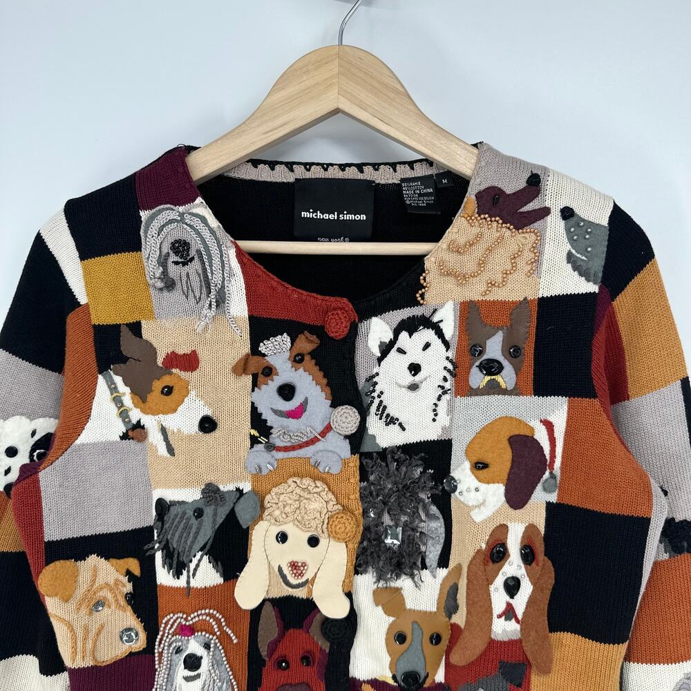 Michael Simon Vintage 90’s Dog Lover Patchwork Cardigan Sweater Beaded Novelty - Picture 2 of 13